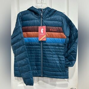 Cotopaxi Women's XL Fuego Hooded Down Jacket Green Blue Abyss Stripes NWT